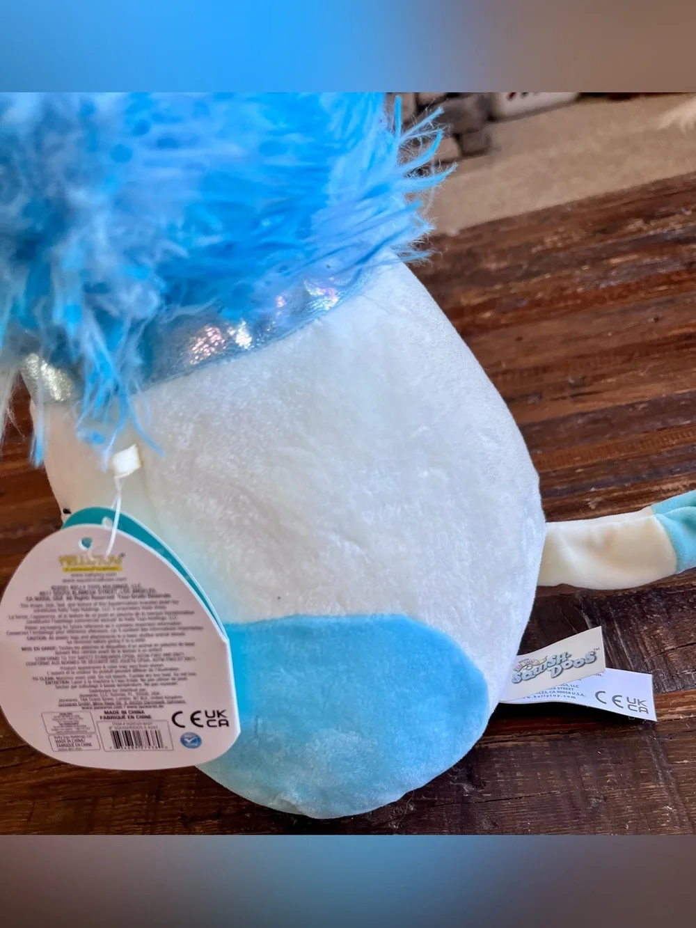 KellyToy Squishmellow Cora Calico Cat Squish-Doos Blue /White Fluffy Ears 10”NWT